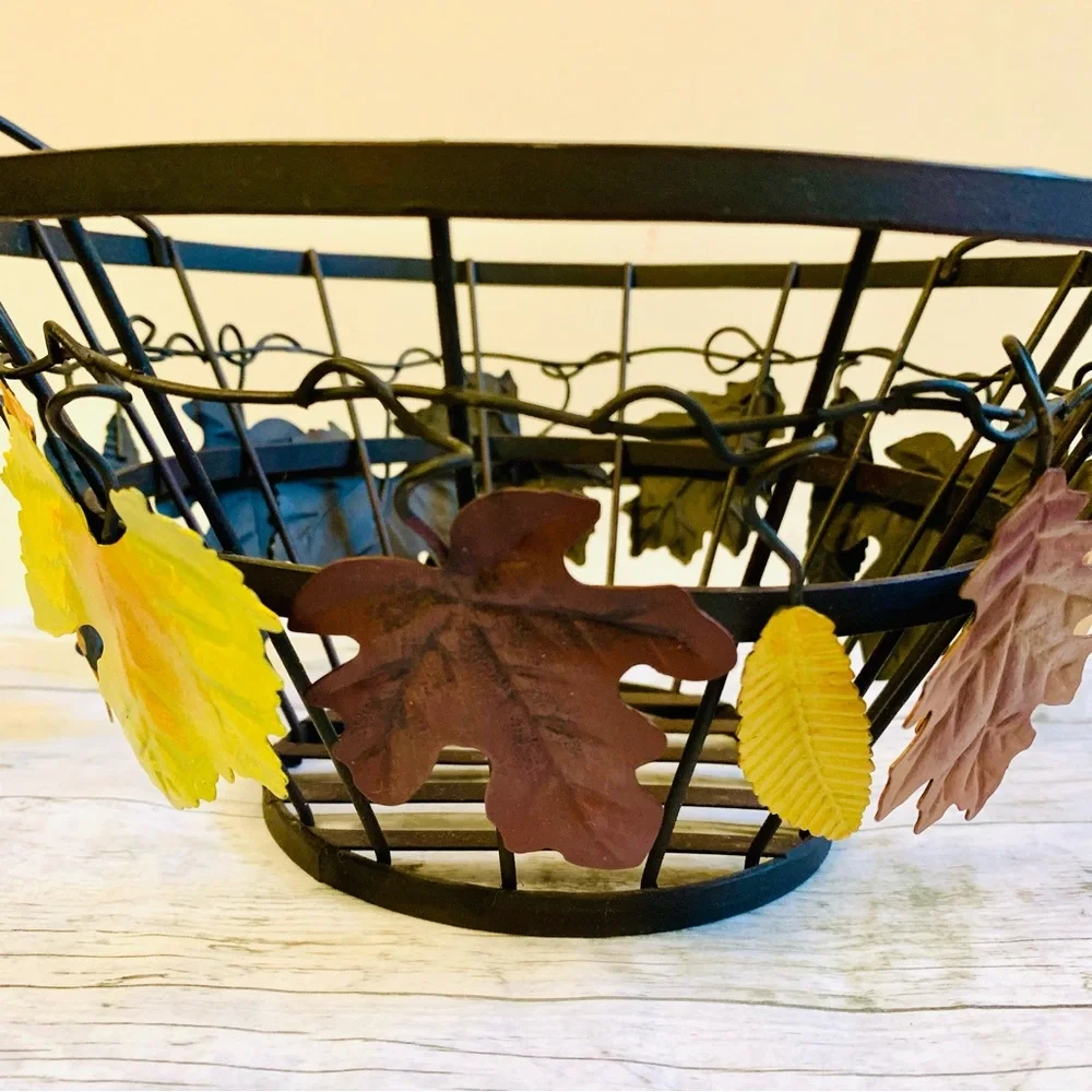 Vintage Metal and Wire Basket With Fall Leaves